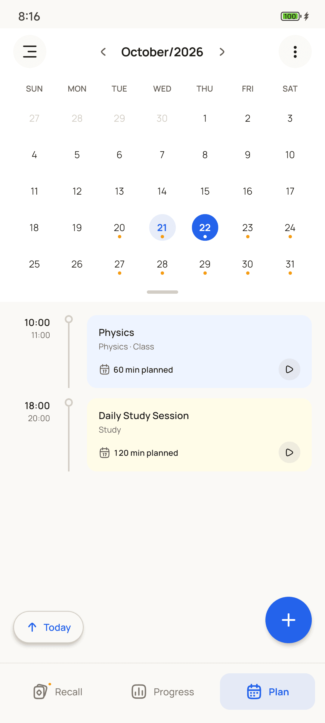 The study calendar for October